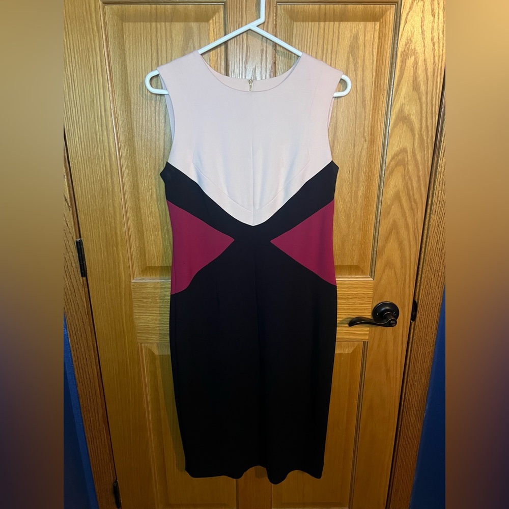 👠 Calvin Klein Pink and Black Colorblock Midi Dress Women’s Sz 8